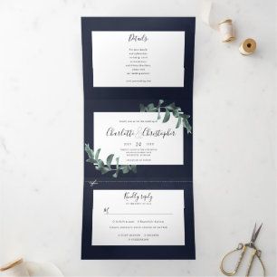 Eucalyptus waterverf marineblauw alles in één brui drieluik uitnodiging