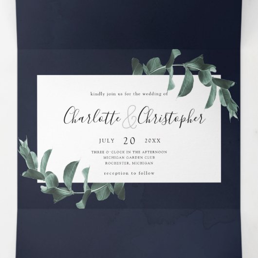 Eucalyptus waterverf marineblauw alles in één brui drieluik uitnodiging (Binnenkant midden)