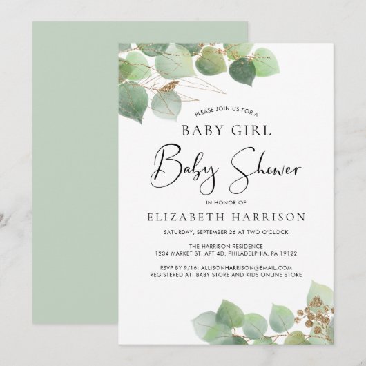 Eucalyptus Waterverf Meisje Baby shower Kaart (Voorkant / Achterkant)