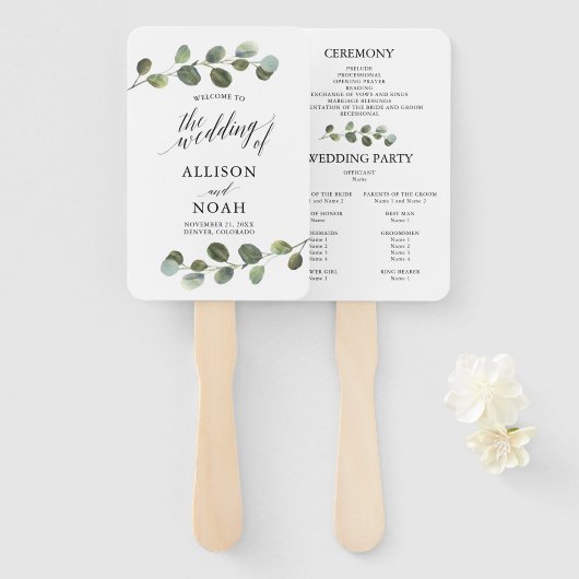 Eucalyptus waterverf modern huwelijksprogramma handwaaier (Voorkant en achterkant)