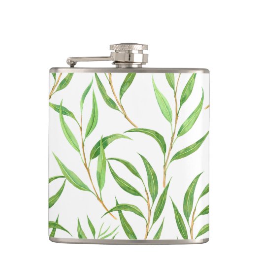 Eucalyptus waterverf patroon op wit heupfles (Voorkant)
