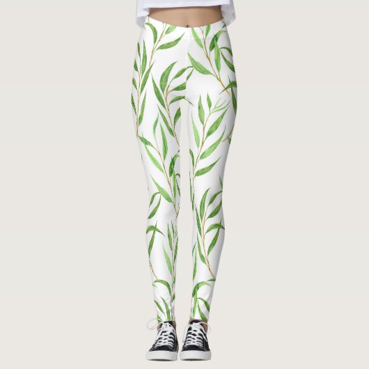 Eucalyptus waterverf patroon op wit leggings (Voorkant)
