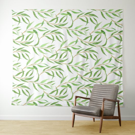 Eucalyptus waterverf patroon op wit wandkleed (In Situ (horizontaal))