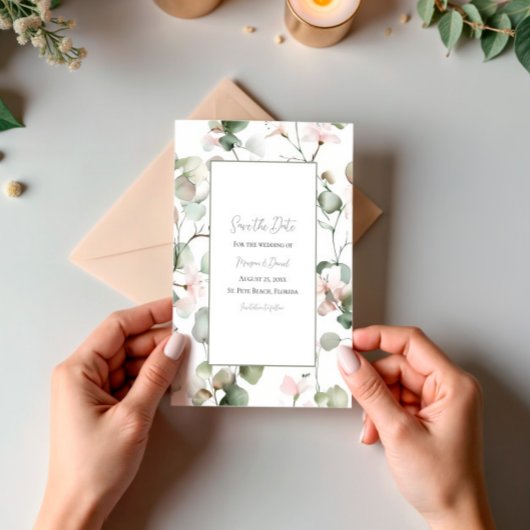 Eucalyptus Waterverf Plat Save The Date Kaart