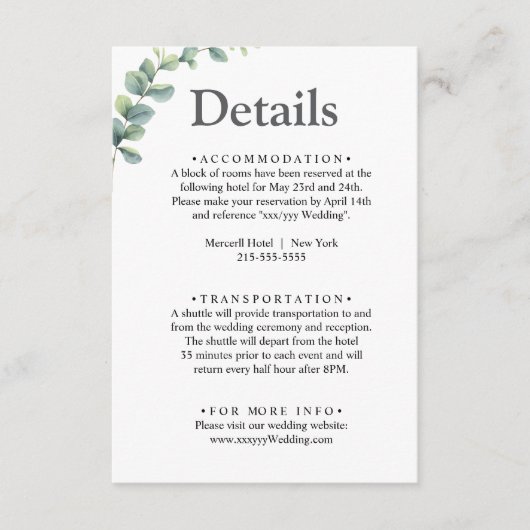 Eucalyptus waterverf rustiek groen bruiloft informatiekaartje (Voorkant)