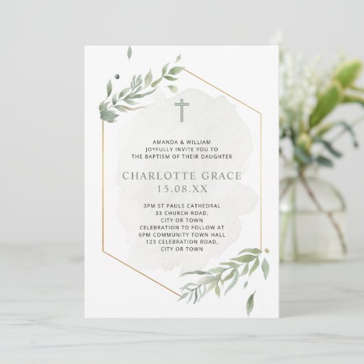 Eucalyptus Waterverf Sage Green & Gold Baptisme Kaart (Staand voorkant)
