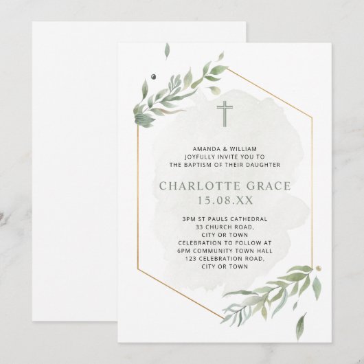 Eucalyptus Waterverf Sage Green & Gold Baptisme Kaart (Voorkant / Achterkant)