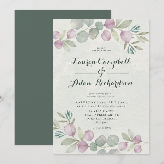 Eucalyptus Waterverf Sage Green Wedding Invitation Kaart (Voorkant / Achterkant)