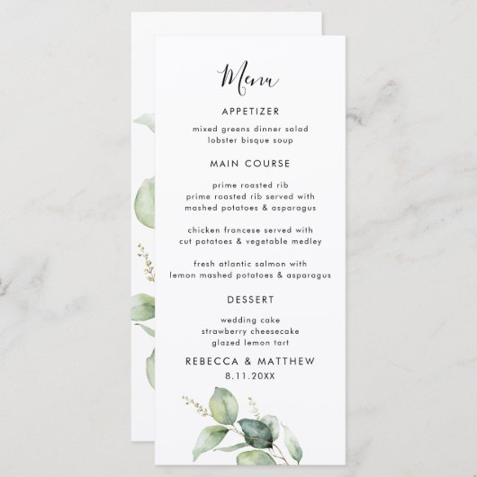 Eucalyptus Waterverf Script bruiloft diner Menu (Voorkant / Achterkant)