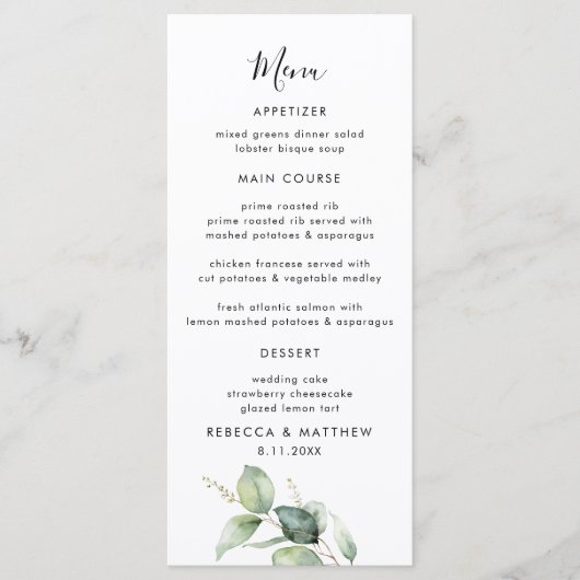 Eucalyptus Waterverf Script bruiloft diner Menu (Voorkant)