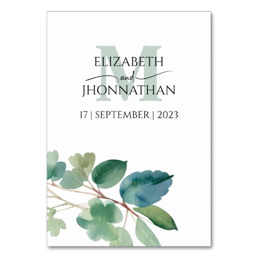 Eucalyptus Waterverf Script Bruiloft Monogram Kaart (Achterkant)