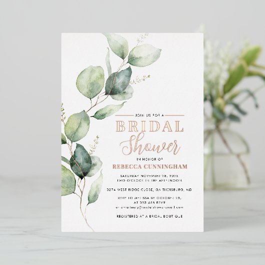 Eucalyptus Waterverf Script Vrijgezellenfeest Goud Folie Uitnodiging (Staand Voorkant)