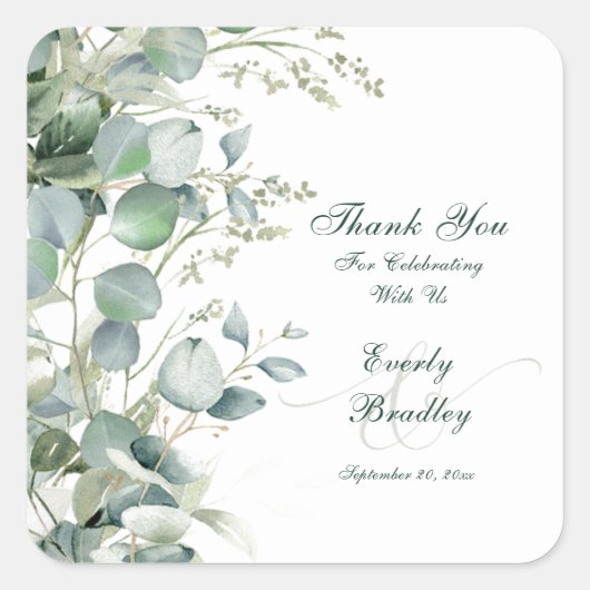 Eucalyptus Waterverf Script Wedding Dank u Fav Vierkante Sticker (Voorkant)