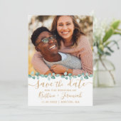 Eucalyptus Waterverf Vine Gold Foto Bruiloft Save The Date (Staand voorkant)