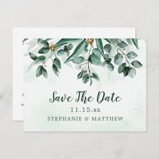 Eucalyptus Waterverf Weddenschap Opslaan Datum Aankondigingskaart (Voorkant / Achterkant)