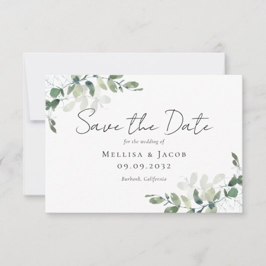 Eucalyptus Waterverf Weddenschap Save The Date (Voorkant)