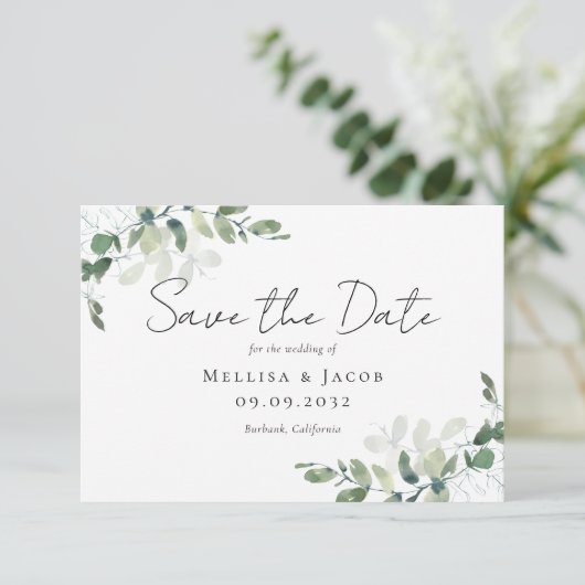Eucalyptus Waterverf Weddenschap Save The Date (Staand voorkant)
