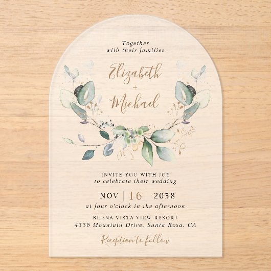 Eucalyptus Waterverf Wedding Frosted Arch Acryl Uitnodigingen (Voorkant)