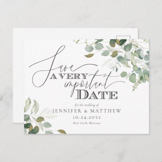 Eucalyptus Waterverf Wedding Save the Date Invita Briefkaart (Voorkant / Achterkant)