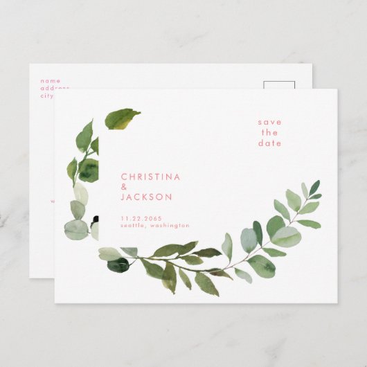 Eucalyptus Weddenroze tekst Sla de datum op Briefkaart (Voorkant / Achterkant)