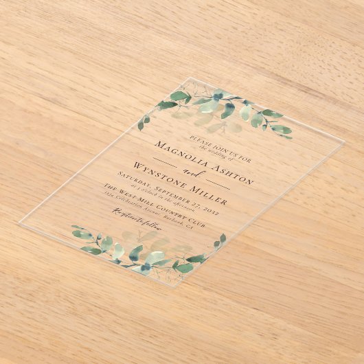 Eucalyptus Weddenschap Acryl Uitnodigingen (Laagn)