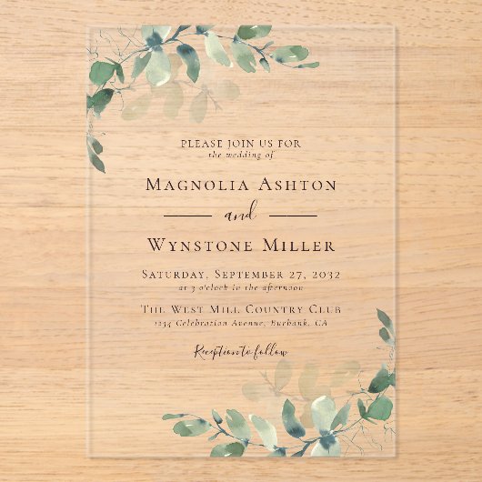 Eucalyptus Weddenschap Acryl Uitnodigingen (Voorkant)