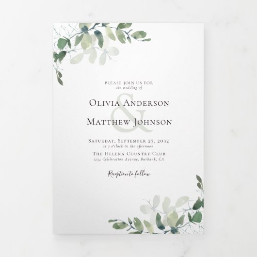 Eucalyptus Weddenschap Foto QR Code All in One Drieluik Uitnodiging (Cover)