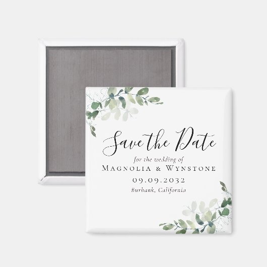 Eucalyptus Weddenschap Save the Date Square Magneet (Voorkant / Achterkant)