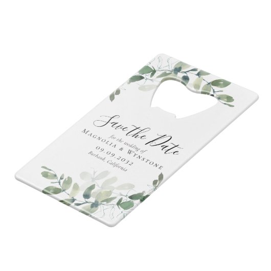 Eucalyptus Weddenschap slaat de datum op Creditkaart Flessenopener (Voorkant Gekanteld)