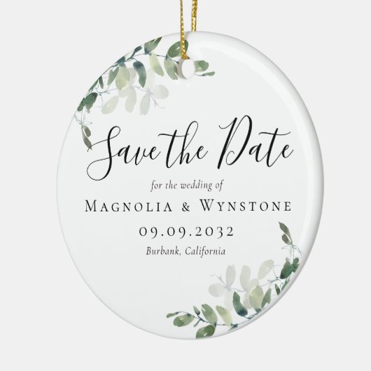 Eucalyptus Weddenschap slaat de datum op Keramisch Ornament (Links)