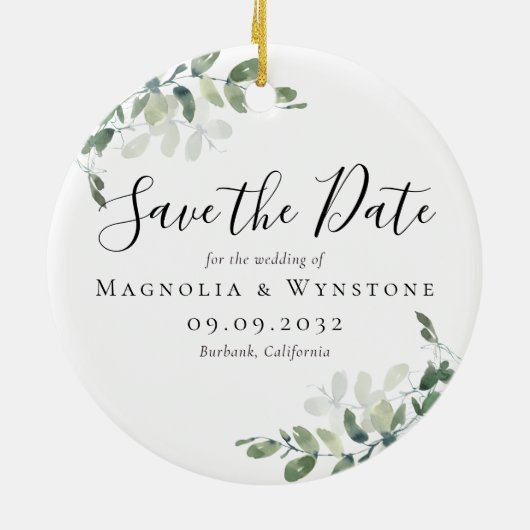 Eucalyptus Weddenschap slaat de datum op Keramisch Ornament (Achterkant)