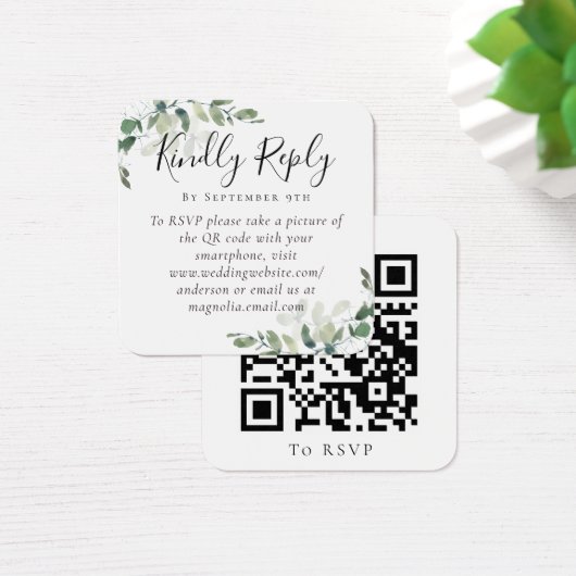Eucalyptus Weddenschap Website QR Code RSVP Vierkante Visitekaartjes (Bureau)