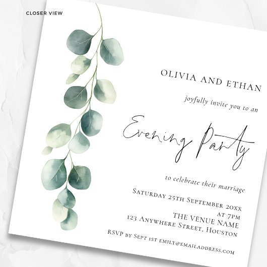 Eucalyptus Wedding Evening Party Square Invitation Kaart