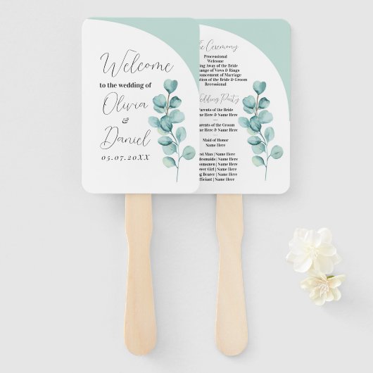 Eucalyptus Wedding Flower Hand Fan Programma Handwaaier (Voorkant en achterkant)