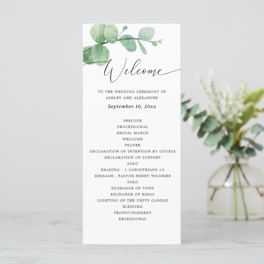 Eucalyptus Wedding | Greenery Botanical Ceremony Programmakaart (Staand voorkant)