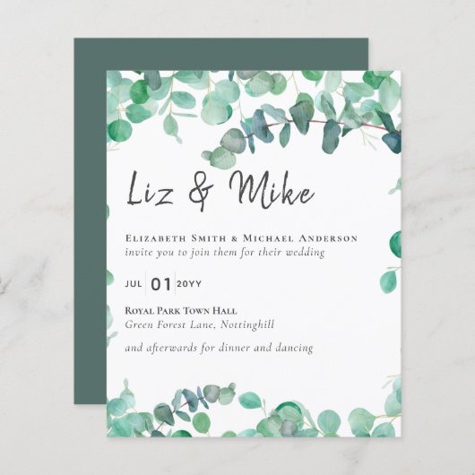Eucalyptus Wedding Invitation Budget Greenery Leaf (Voorkant / Achterkant)