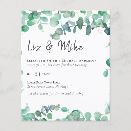 Eucalyptus Wedding Invitation Budget Greenery Leaf (Voorkant)