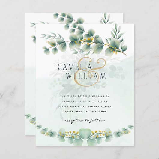 Eucalyptus Wedding Invitation Modern Greenery Gold (Voorkant / Achterkant)