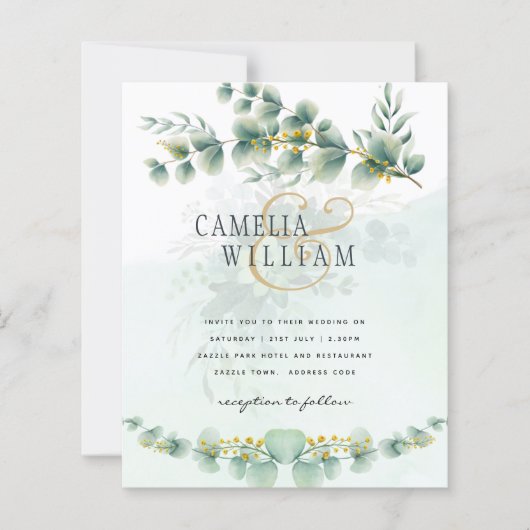 Eucalyptus Wedding Invitation Modern Greenery Gold (Voorkant)