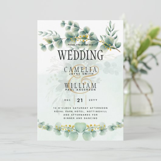 Eucalyptus Wedding Invitation Modern Greenery Gold Kaart (Staand voorkant)