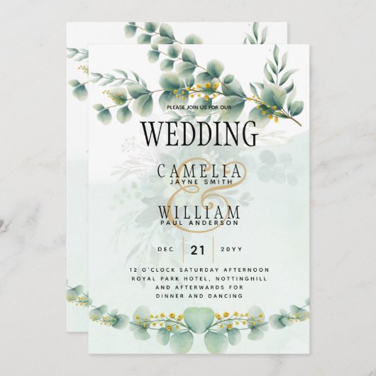 Eucalyptus Wedding Invitation Modern Greenery Gold Kaart (Voorkant / Achterkant)