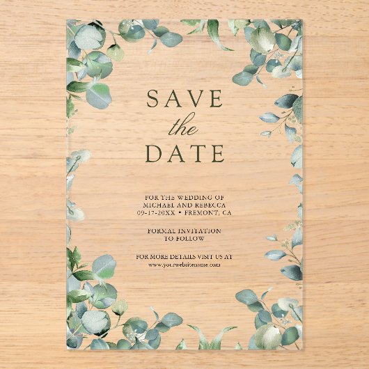 Eucalyptus Wedding opslaan Datum Acryl Uitnodigingen (Voorkant)