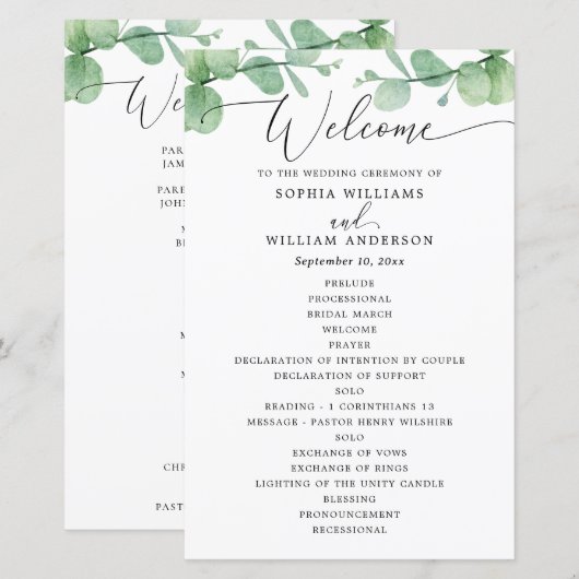 Eucalyptus Wedding Program | Outdoor Botanical  (Voorkant / Achterkant)