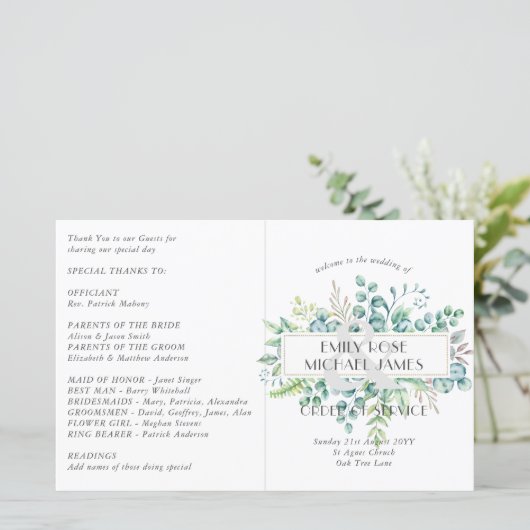 Eucalyptus Wedding Programme Greenery Leaves (Staand voorkant)