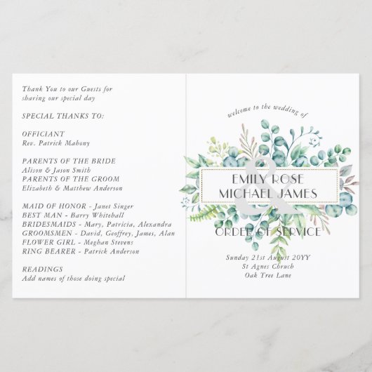 Eucalyptus Wedding Programme Greenery Leaves (Voorkant)