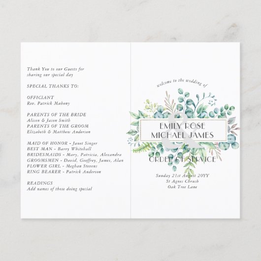 Eucalyptus Wedding Programme Greenery Leaves (Voorkant)