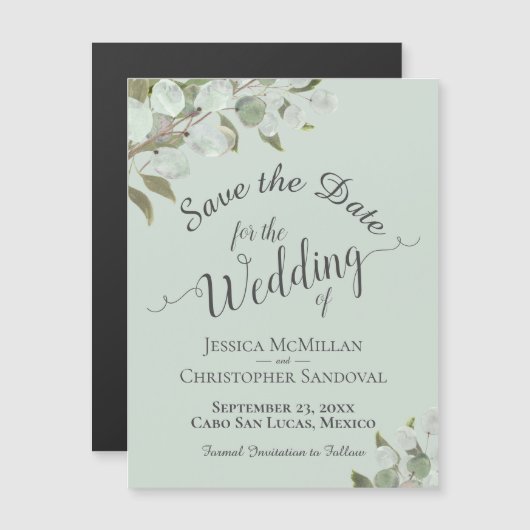 Eucalyptus Wedding Save the Date Calligraphy Mint Magnetische Uitnodiging (Voorkant / Achterkant)