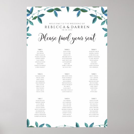 Eucalyptus Wedding Seating Chart met 9 tafels Poster (Voorkant)