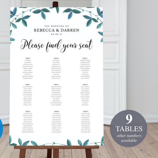 Eucalyptus Wedding Seating Chart met 9 tafels Poster