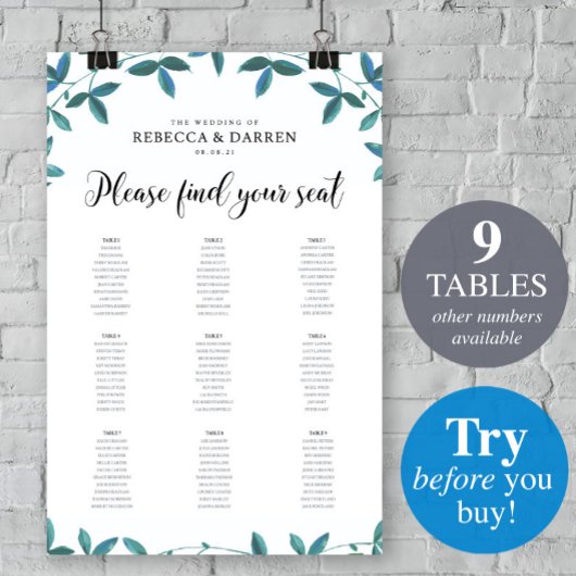 Eucalyptus Wedding Seating Chart met 9 tafels Poster
